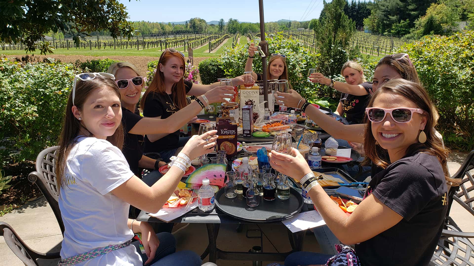 women on a winery tour for a bachelorette party offer a cheers to the bride to be
