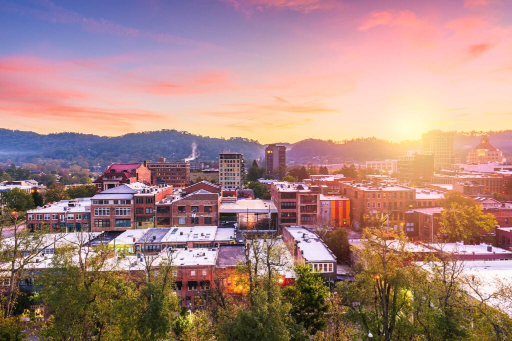 Aerial view of downtown Asheville at sunset