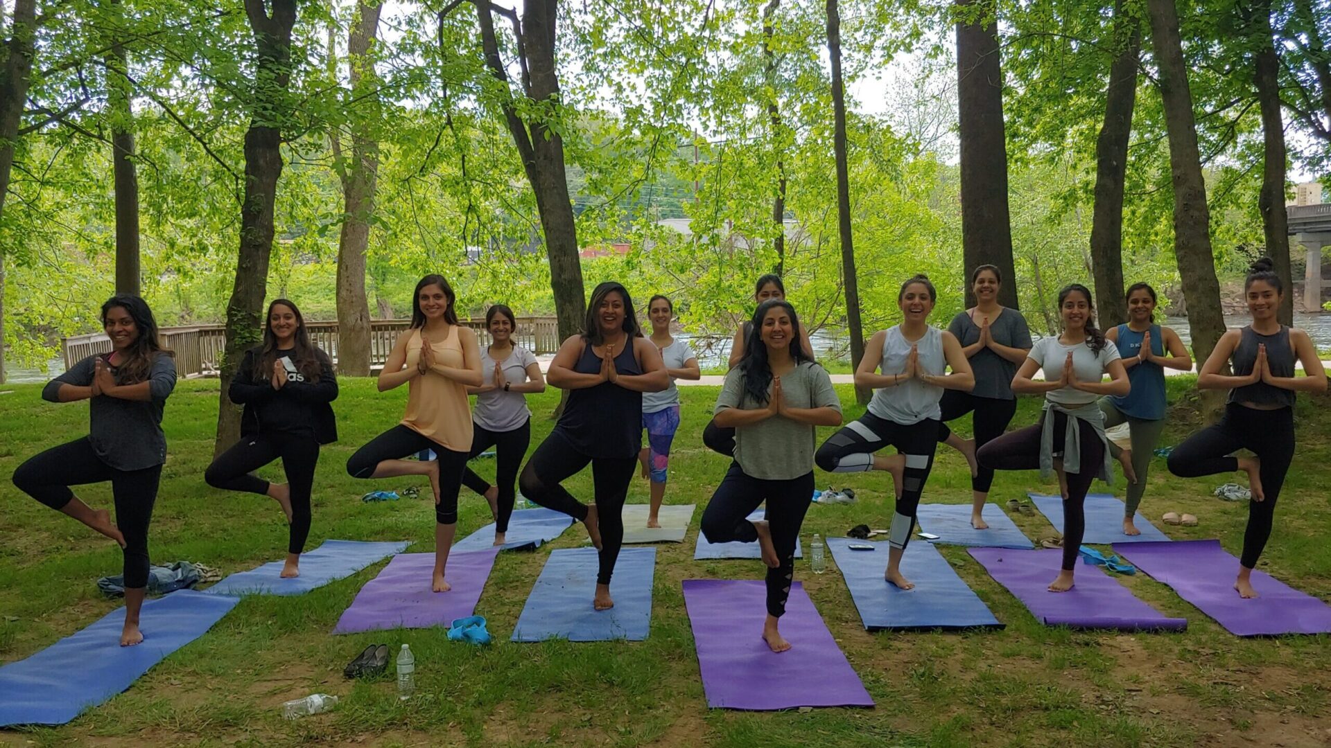 Group of women in tree pose at private yoga class on banks of the French Broad River in Asheville, NC.