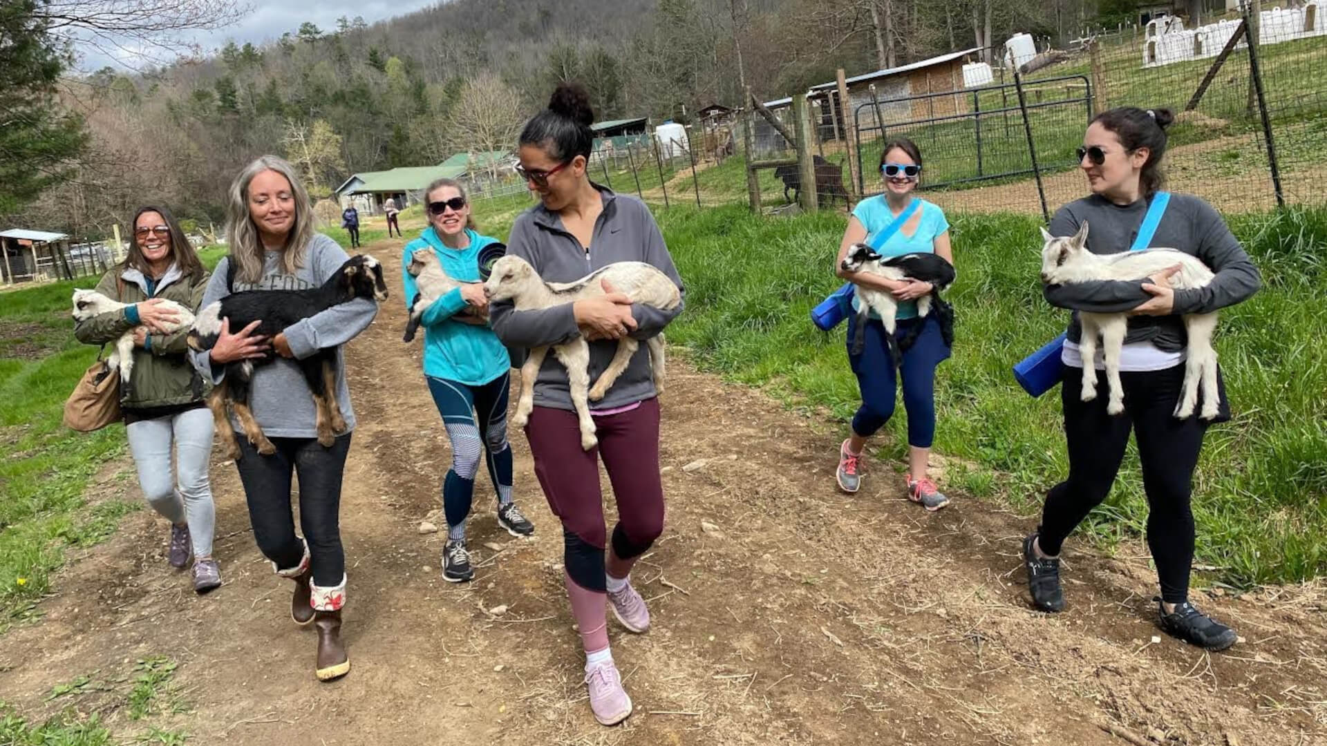 Group of women carrying baby goats down a farm path in Asheville, NC.