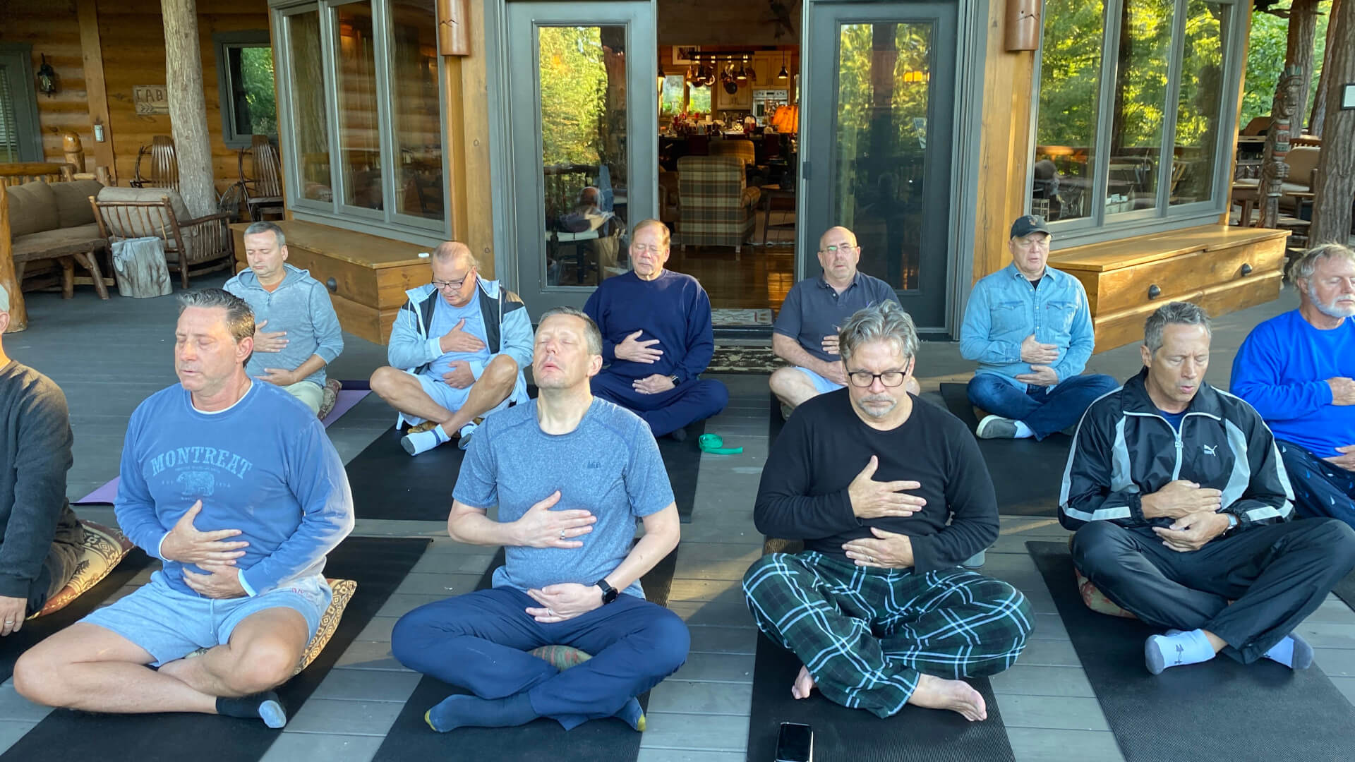 Private yoga class for men at retreat center near Asheville, nC.