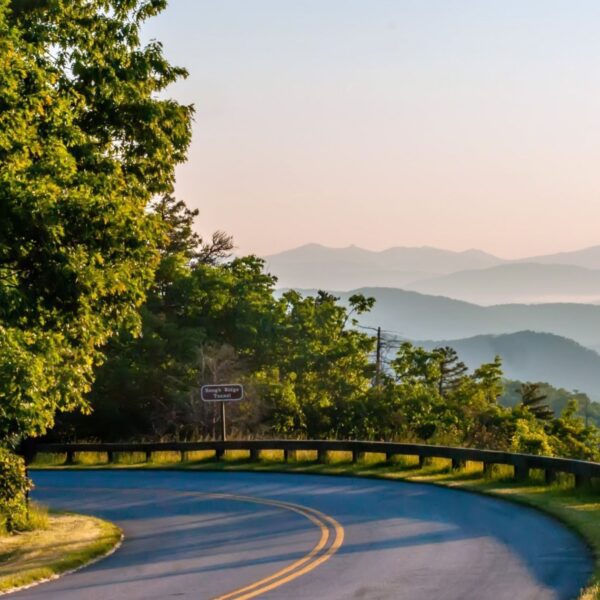 Blue Ridge Parkway with mountains in background - near Asheville NC
